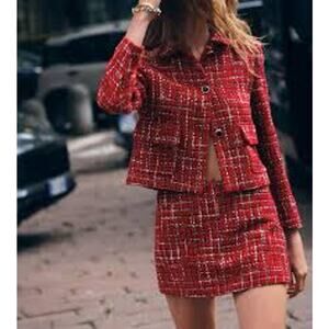 ZARA Tweed Blazer and Mini Skort Matching Set Red XS / S